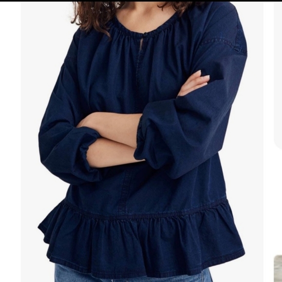 MADEWELL NAVY BLUE 100% COTTON WOMEN'S Denim BLOUSE RUFFLESLONG SLEEVES SZ SMALL - Picture 2 of 11